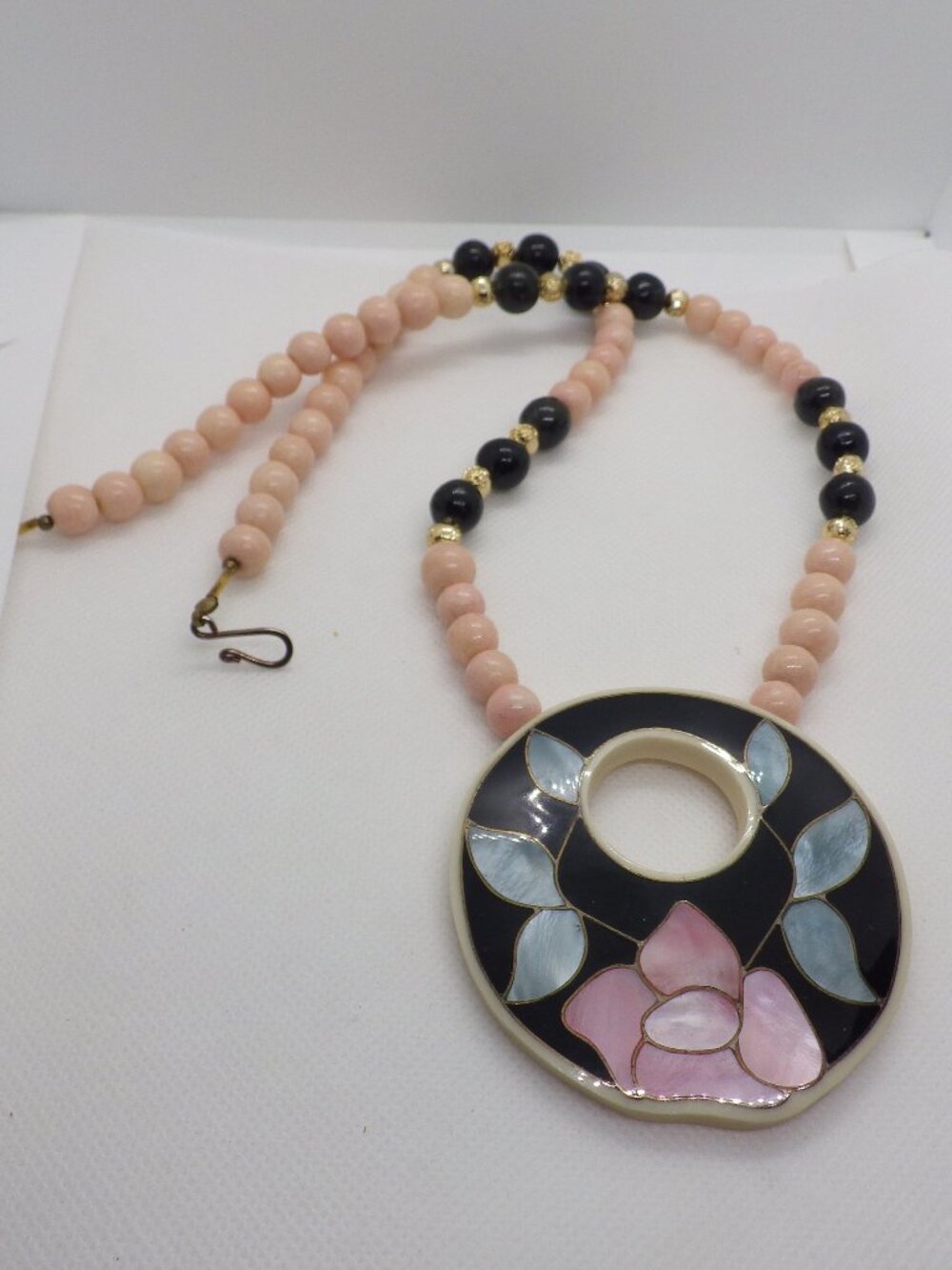 Orange Black Beaded Necklace 25" with Ceramic fob 704F2